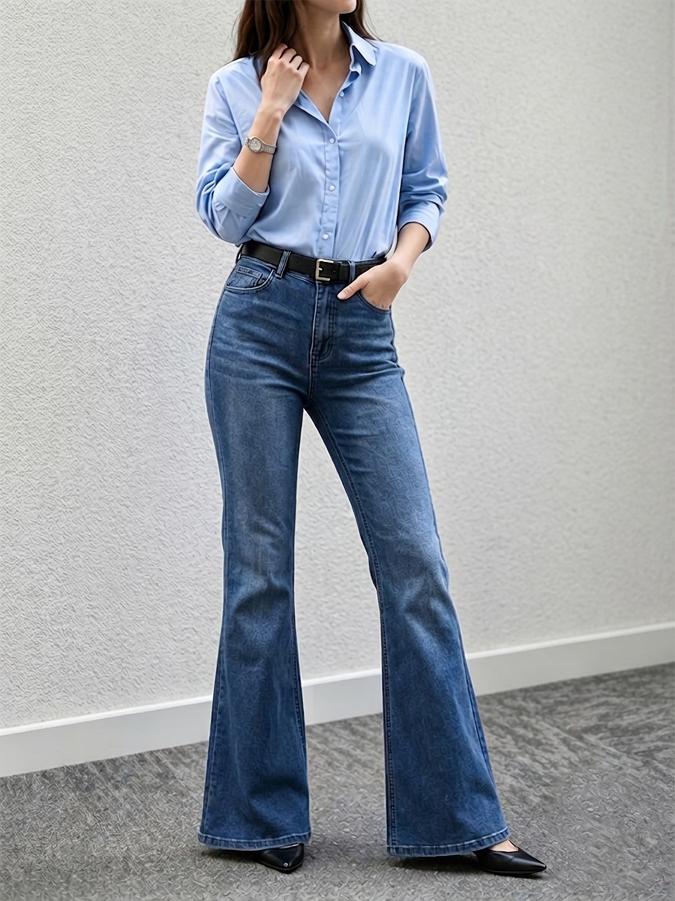 Elegant Medium Blue High Waisted Jeans for Women with Flare Leg Back Pocket Relaxed Casual Style