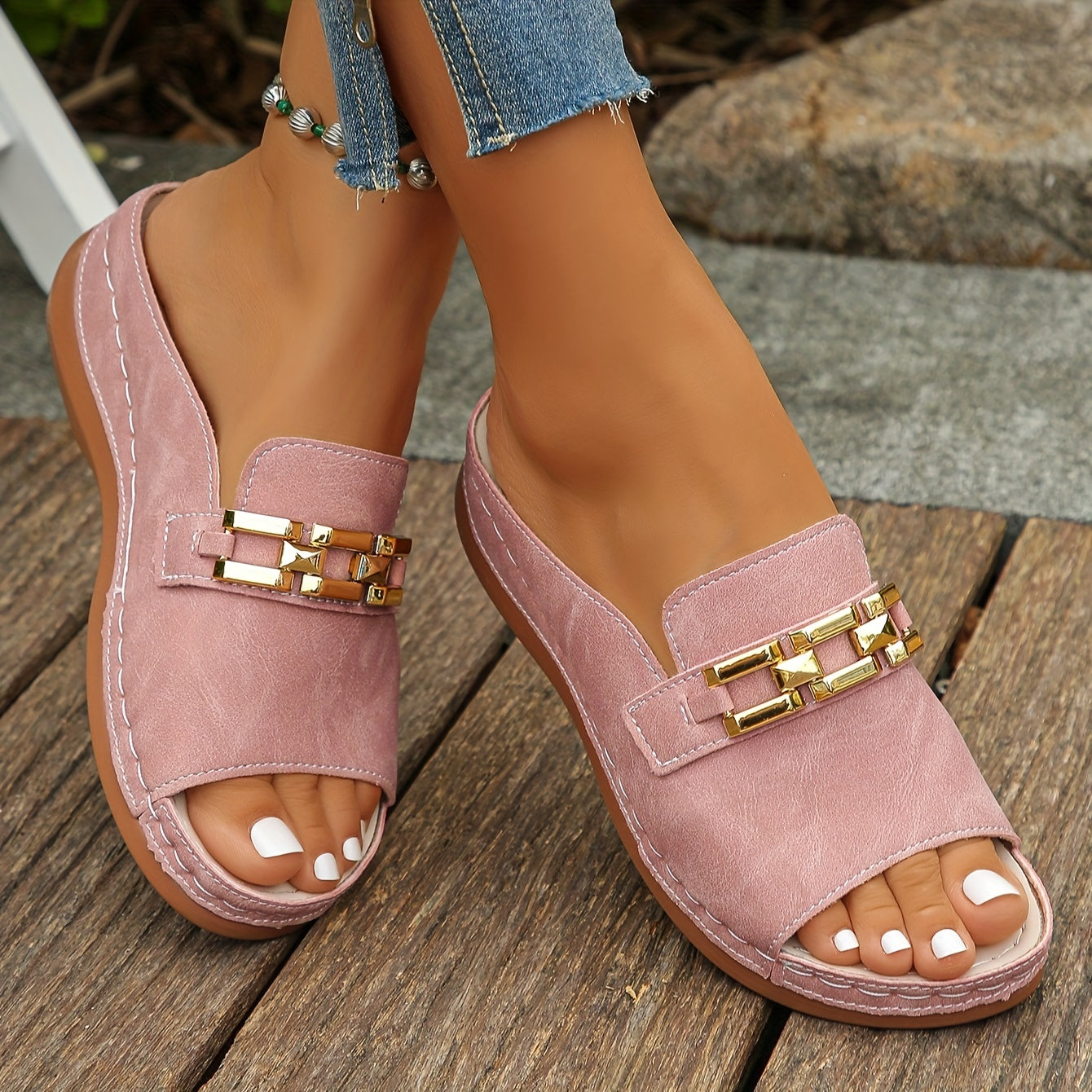 Beverly Gold-Link Slide Sandals