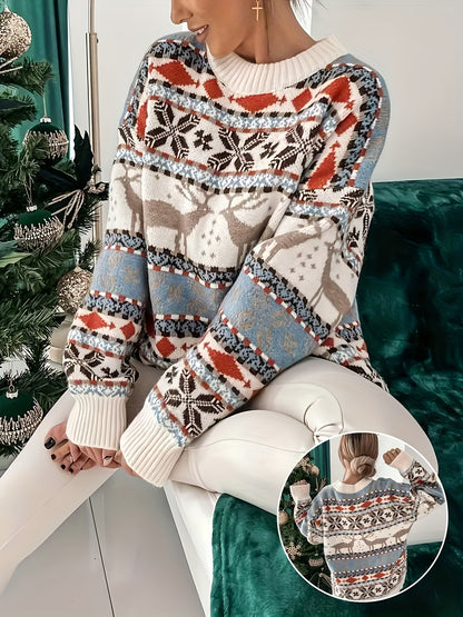 Comfortable White Reindeer Fair Isle Women's Christmas Sweater with Crew Neck Long Sleeve Oversized Knit Style