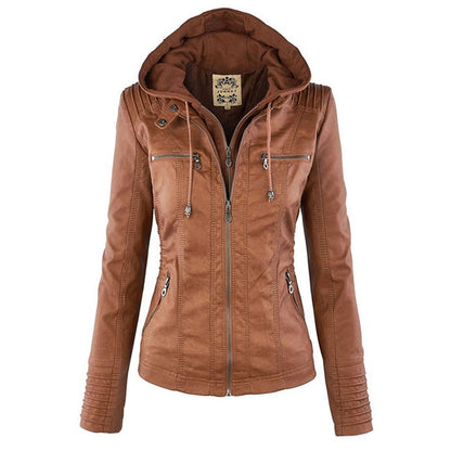 Elegant Faux Leather Moto Jacket for Women with Hooded Long Sleeve Quilted Detail Casual Style