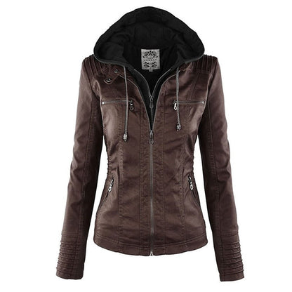 Elegant Faux Leather Moto Jacket for Women with Hooded Long Sleeve Quilted Detail Casual Style