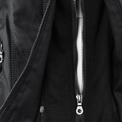 Elegant Faux Leather Moto Jacket for Women with Hooded Long Sleeve Quilted Detail Casual Style