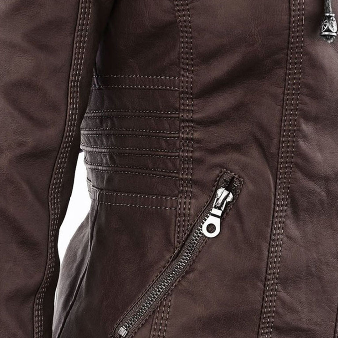 Elegant Faux Leather Moto Jacket for Women with Hooded Long Sleeve Quilted Detail Casual Style