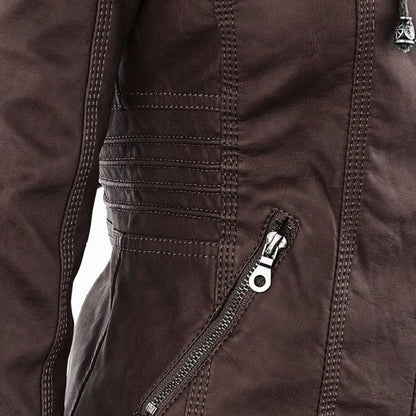 Elegant Faux Leather Moto Jacket for Women with Hooded Long Sleeve Quilted Detail Casual Style