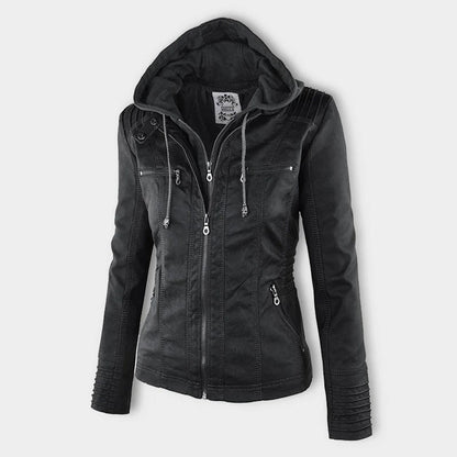 Elegant Faux Leather Moto Jacket for Women with Hooded Long Sleeve Quilted Detail Casual Style