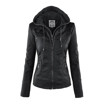 Elegant Faux Leather Moto Jacket for Women with Hooded Long Sleeve Quilted Detail Casual Style