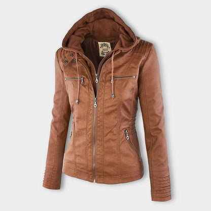 Elegant Faux Leather Moto Jacket for Women with Hooded Long Sleeve Quilted Detail Casual Style