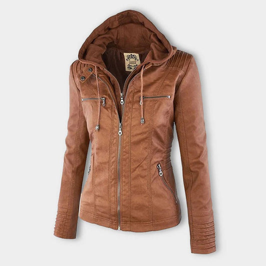 Elegant Faux Leather Moto Jacket for Women with Hooded Long Sleeve Quilted Detail Casual Style