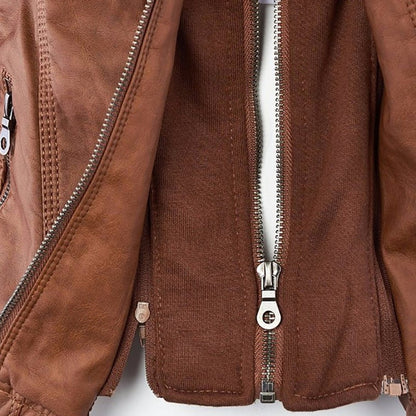 Elegant Faux Leather Moto Jacket for Women with Hooded Long Sleeve Quilted Detail Casual Style