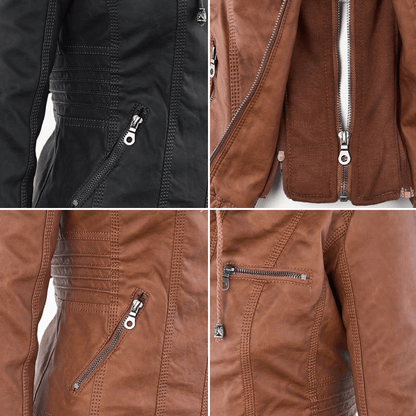 Elegant Faux Leather Moto Jacket for Women with Hooded Long Sleeve Quilted Detail Casual Style