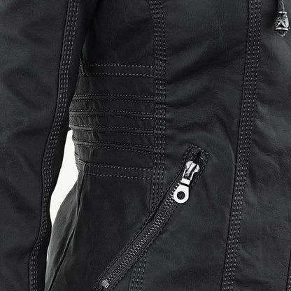 Elegant Faux Leather Moto Jacket for Women with Hooded Long Sleeve Quilted Detail Casual Style