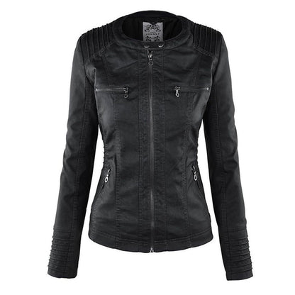Elegant Faux Leather Moto Jacket for Women with Hooded Long Sleeve Quilted Detail Casual Style