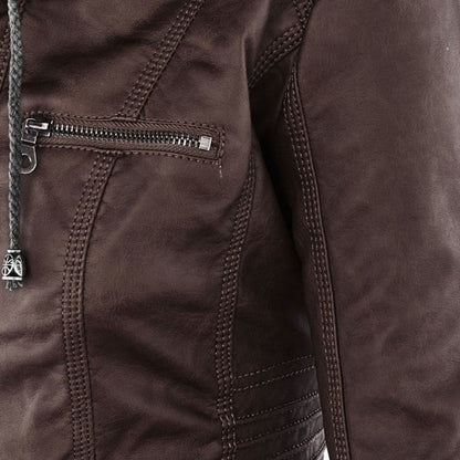 Elegant Faux Leather Moto Jacket for Women with Hooded Long Sleeve Quilted Detail Casual Style
