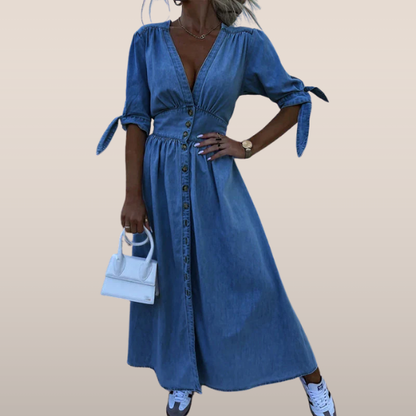 Elegant Blue Denim Dress for Women with V Neck Elbow Sleeve Button Front Maxi Flowing Style