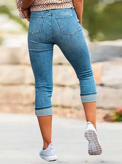 Effortless Blue Denim Mom Jeans for Women with High Waist Cuffed Hem Cropped Skinny Style