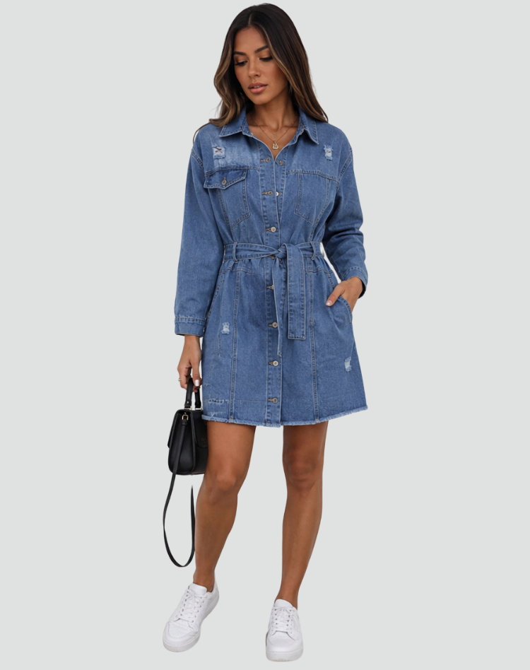 Effortless Blue Denim Dress for Women with Collar Long Sleeve Belted Shirt Style