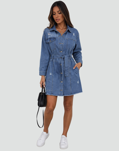 Effortless Blue Denim Dress for Women with Collar Long Sleeve Belted Shirt Style
