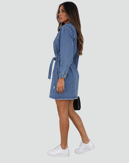 Effortless Blue Denim Dress for Women with Collar Long Sleeve Belted Shirt Style