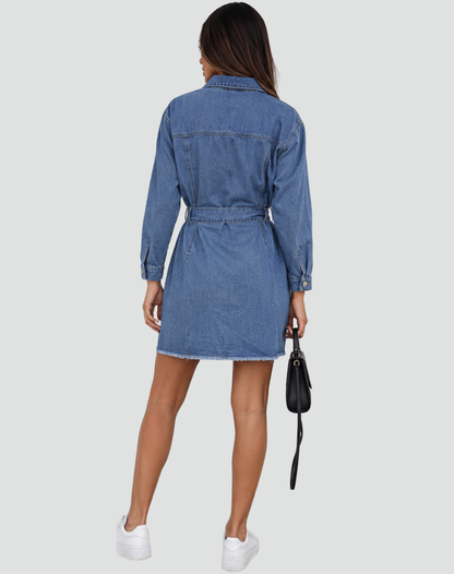 Effortless Blue Denim Dress for Women with Collar Long Sleeve Belted Shirt Style