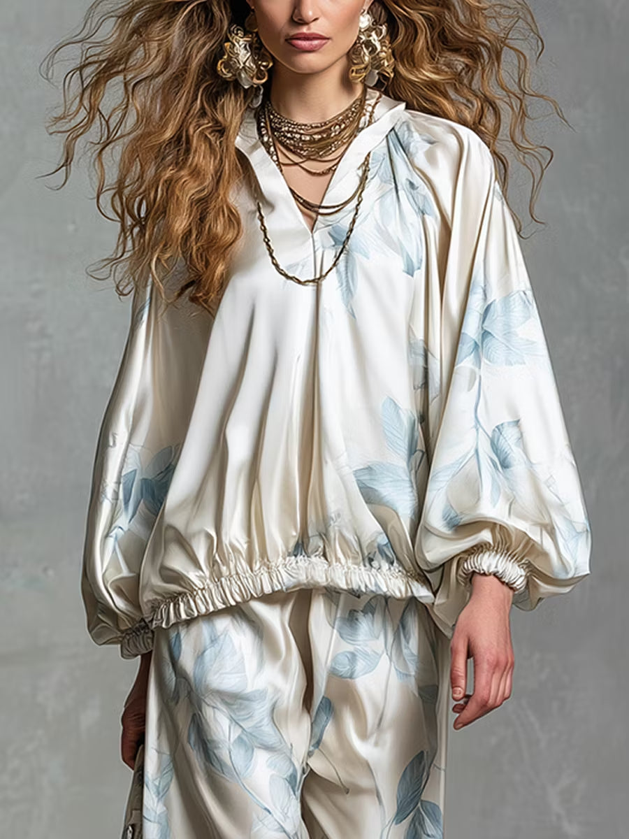 Effortless Blue Floral Satin Two Piece Set for Women with Blouson Top Wide Leg Pants Bohemian Style