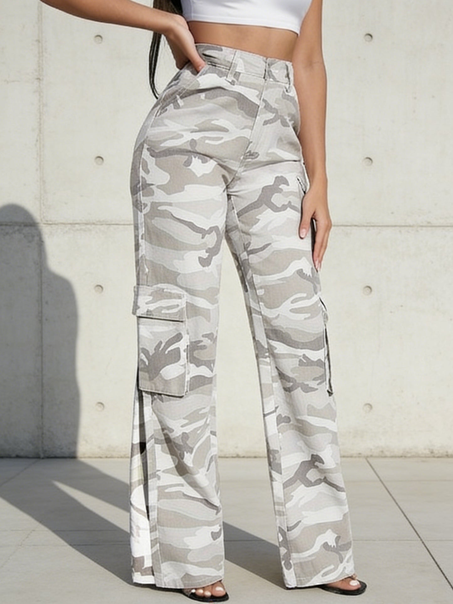 Effortless Grey Camo Pants for Women with High Waist Cargo Pocket Wide Leg Relaxed Style