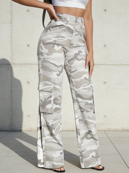 Effortless Grey Camo Pants for Women with High Waist Cargo Pocket Wide Leg Relaxed Style