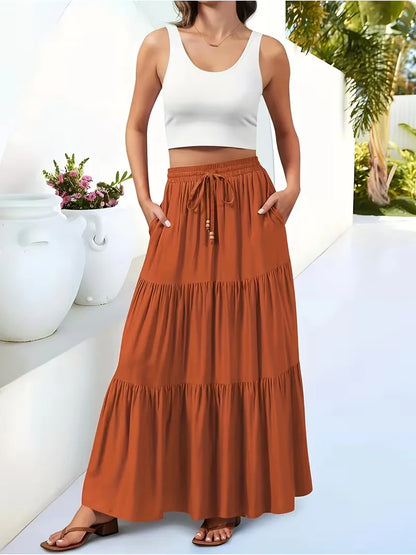 Effortless Tiered Maxi Skirt for Women with Drawstring Waist Ruffle Flowing Bohemian Style