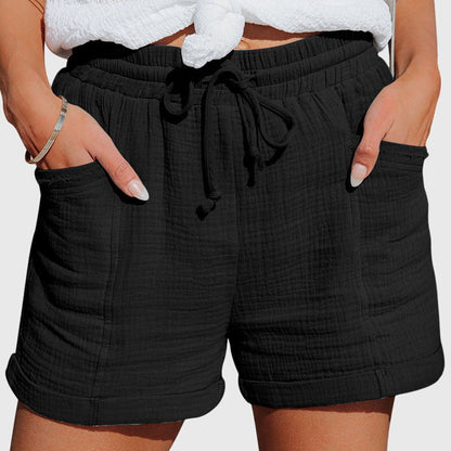 Effortless Khaki Cotton Gauze Shorts for Women with High Waist Drawstring Cuffed Relaxed Casual Style