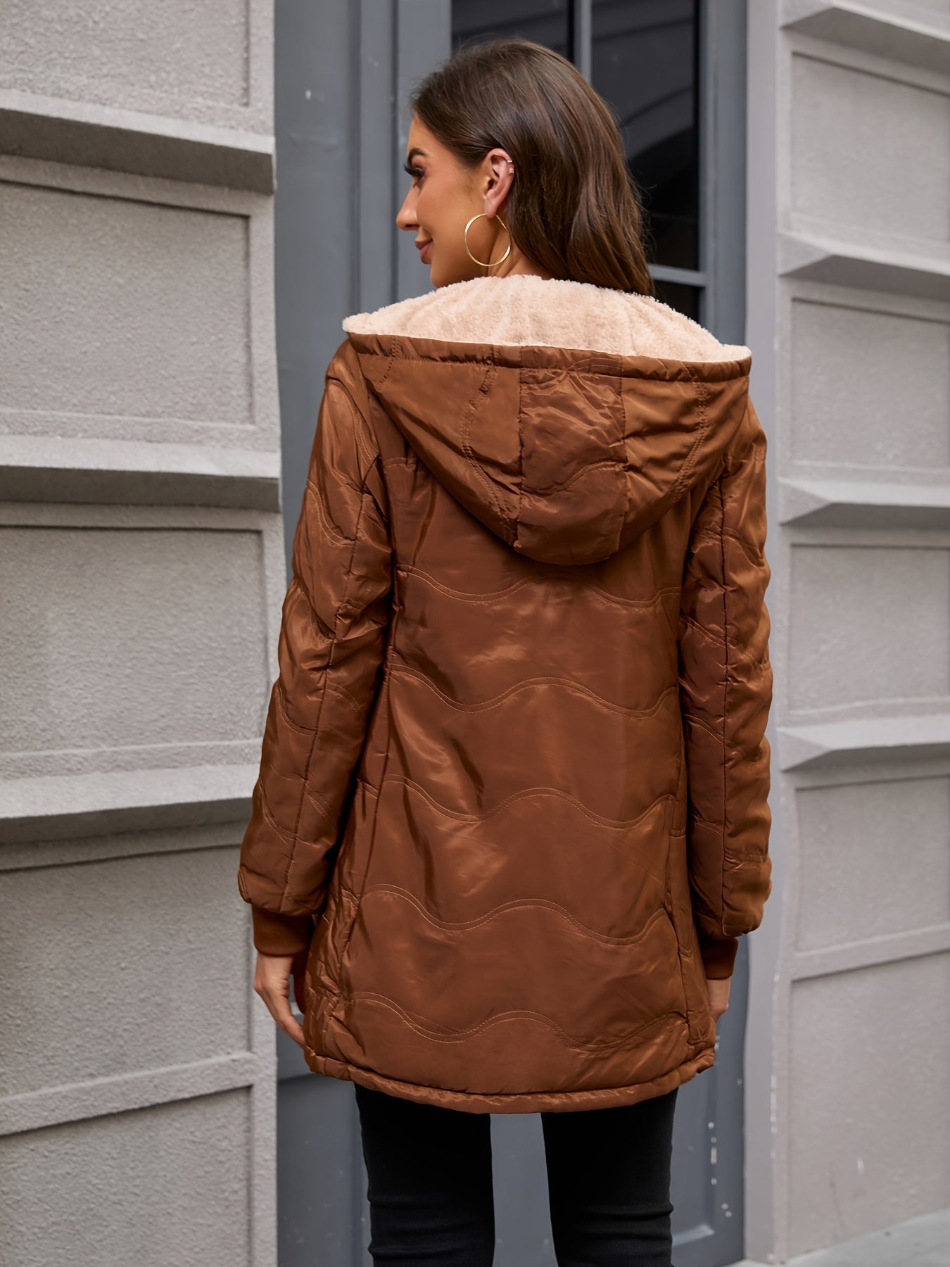 Comfortable Sherpa Lined Quilted Jacket for Women with Hooded Long Sleeve Zip Front Relaxed Style