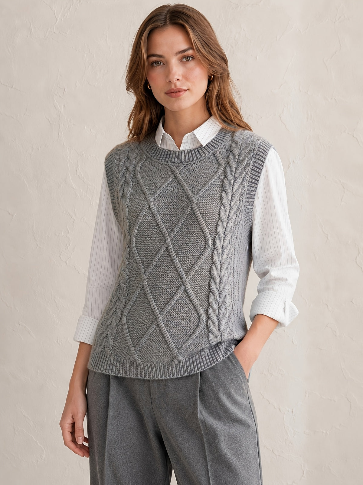 Cozy Cable Knit Sweater Vest for Women with Round Neck Sleeveless Diamond Relaxed Style