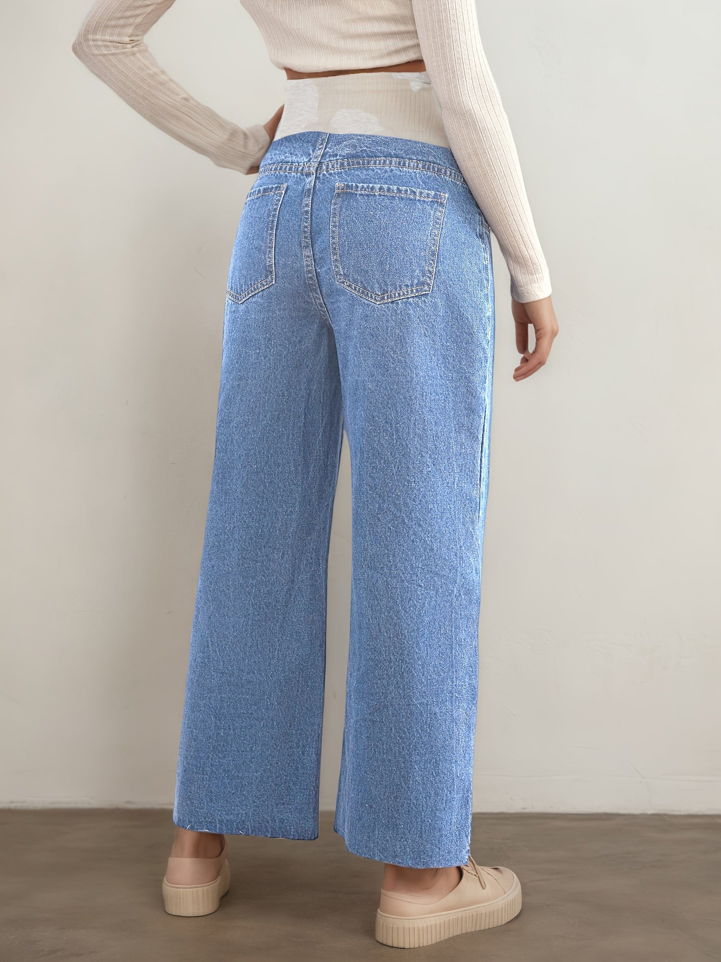 Effortless Blue Denim Maternity Jeans for Women with Wide Leg Belly Band Relaxed Casual Style