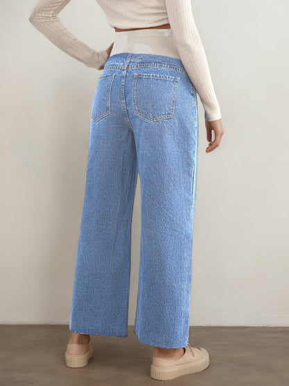 Effortless Blue Denim Maternity Jeans for Women with Wide Leg Belly Band Relaxed Casual Style