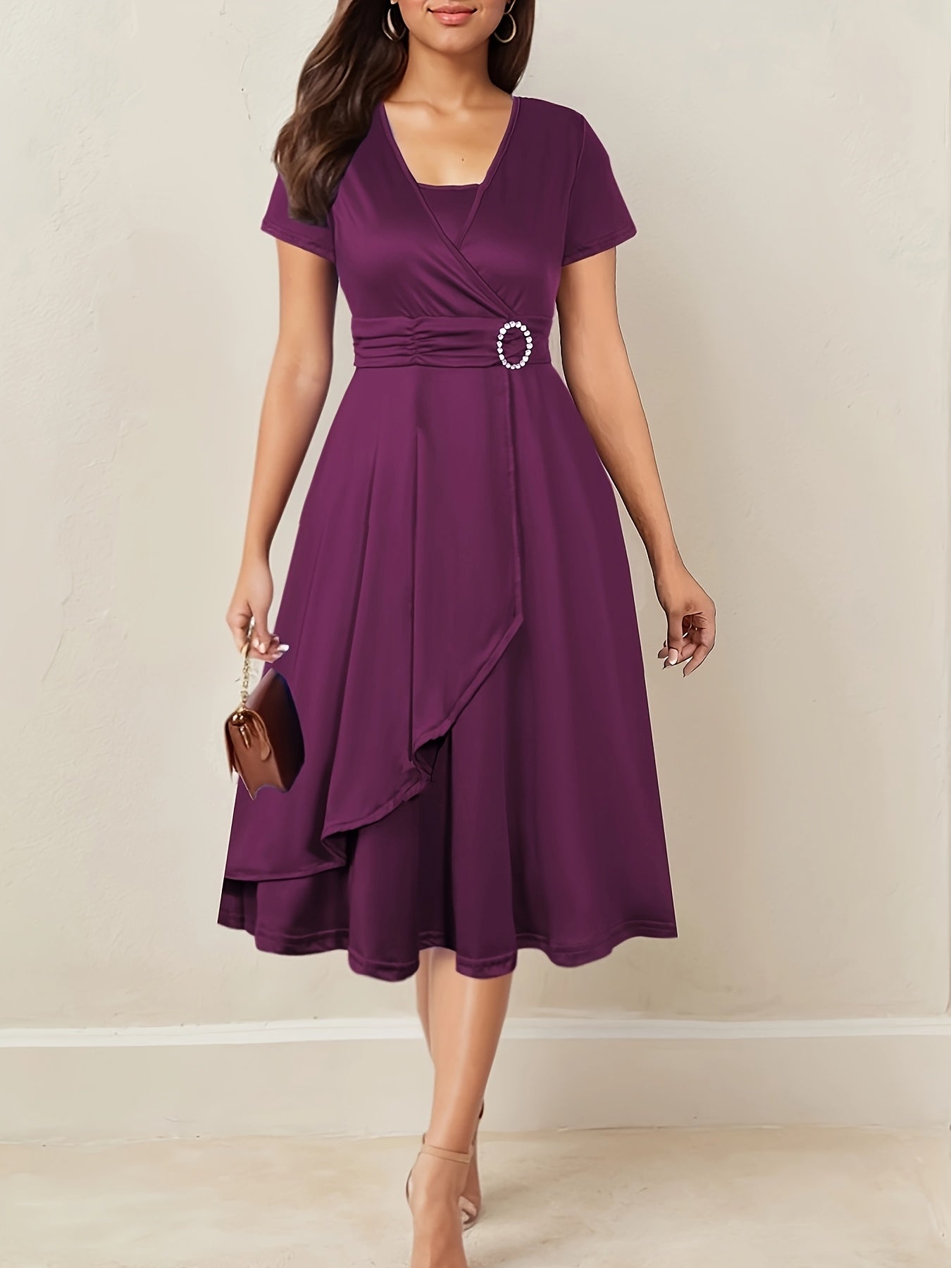 Elegant Ruched Cocktail Dress for Women with Surplice Neck Short Sleeve Asymmetrical Ruffle Hem Formal Wedding Guest Style