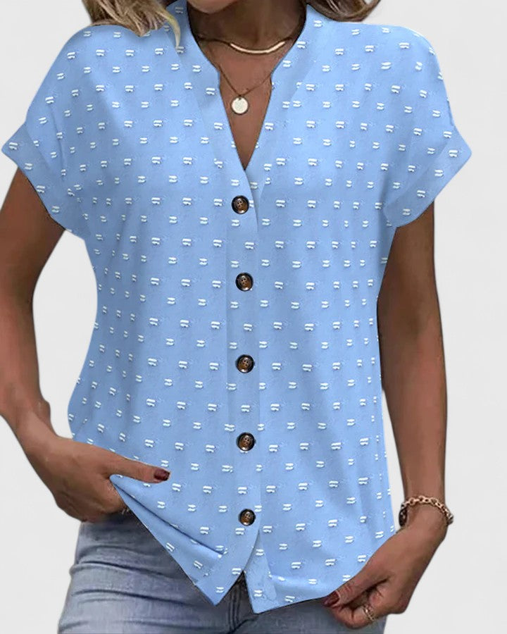 Effortless Beige Dot Print Shirt for Women with V Neck Short Sleeve Button Front Relaxed Casual Style