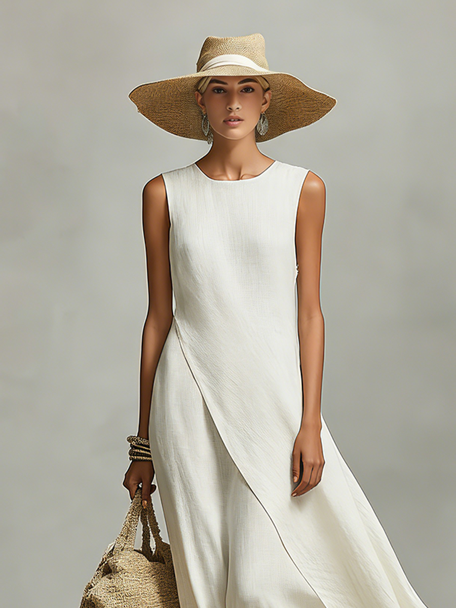 Effortless Ivory Linen Maxi Dress for Women with Crew Neck Asymmetric Hem Sleeveless Casual Summer Style