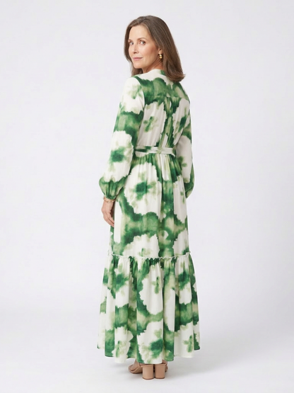 Effortless Floral Maxi Long Sleeve Dress for Women with V Neck Tie Waist Tiered Ruffle Bohemian Style
