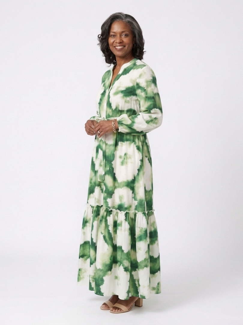 Effortless Floral Maxi Long Sleeve Dress for Women with V Neck Tie Waist Tiered Ruffle Bohemian Style