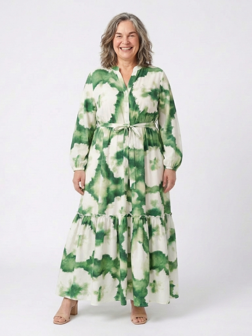 Effortless Floral Maxi Long Sleeve Dress for Women with V Neck Tie Waist Tiered Ruffle Bohemian Style