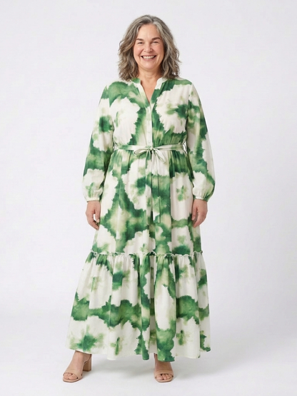 Effortless Floral Maxi Long Sleeve Dress for Women with V Neck Tie Waist Tiered Ruffle Bohemian Style