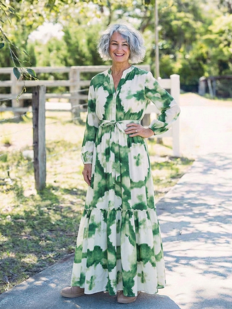 Effortless Floral Maxi Long Sleeve Dress for Women with V Neck Tie Waist Tiered Ruffle Bohemian Style