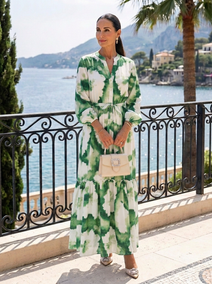 Effortless Floral Maxi Long Sleeve Dress for Women with V Neck Tie Waist Tiered Ruffle Bohemian Style