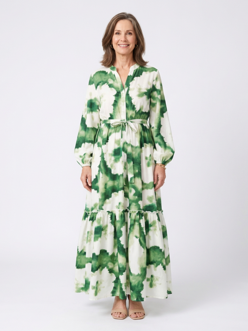Effortless Floral Maxi Long Sleeve Dress for Women with V Neck Tie Waist Tiered Ruffle Bohemian Style