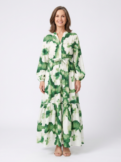 Effortless Floral Maxi Long Sleeve Dress for Women with V Neck Tie Waist Tiered Ruffle Bohemian Style