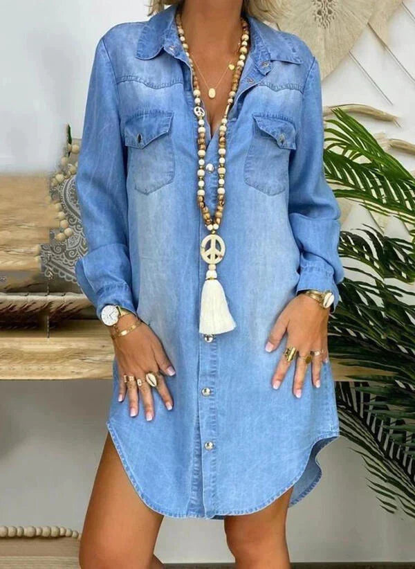 Effortless Blue Denim Dress for Women with Collar Long Sleeve Button Front Boho Style