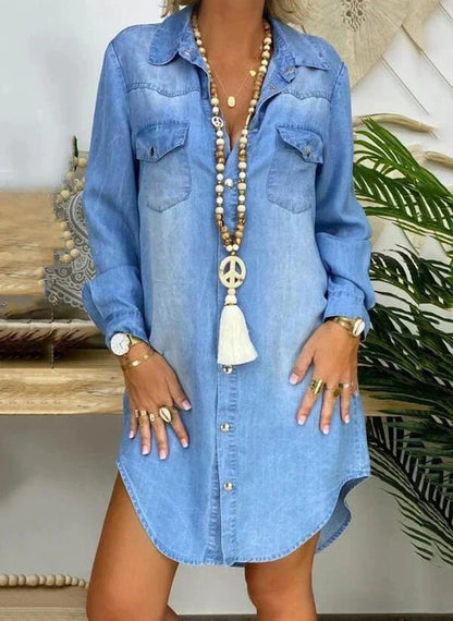 Effortless Blue Denim Dress for Women with Collar Long Sleeve Button Front Boho Style