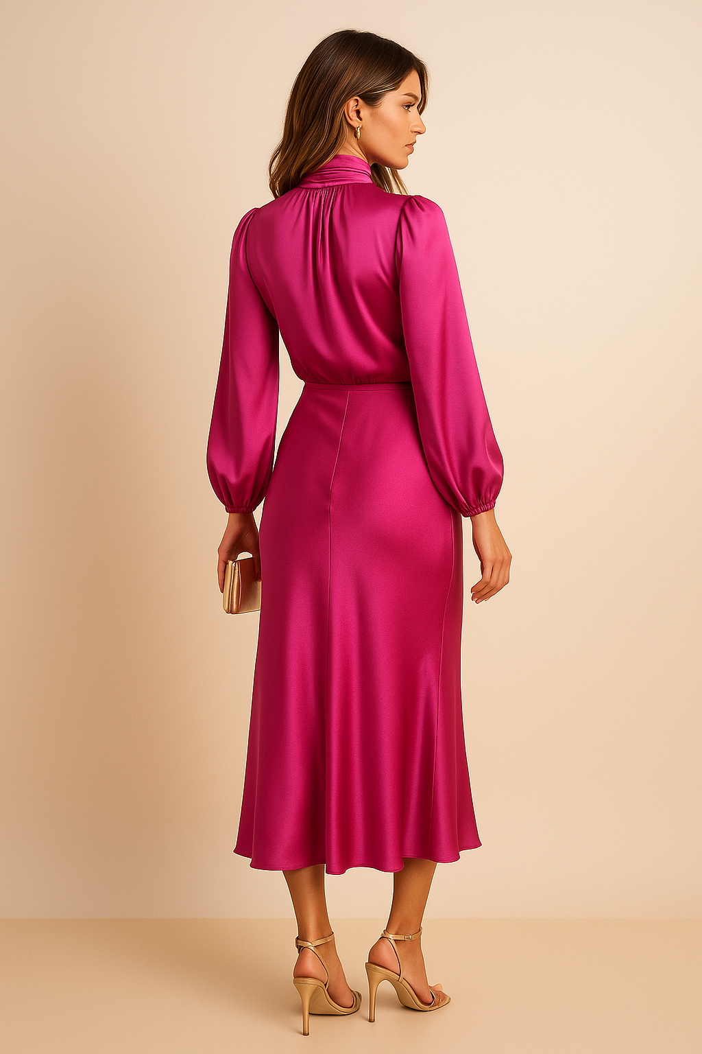 Elegant Satin Sweater Dress for Women with High Neck Long Sleeve Blouson Flowing Midi Style