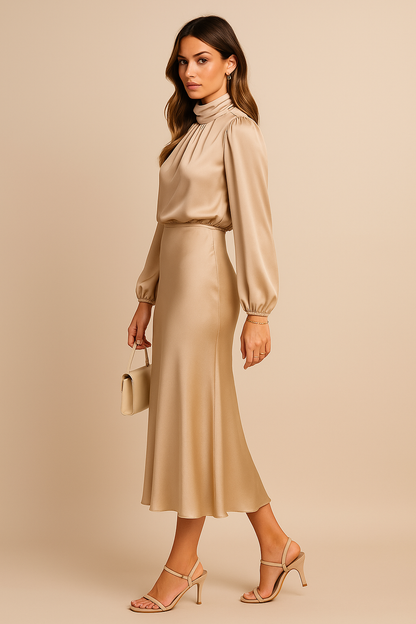 Elegant Satin Sweater Dress for Women with High Neck Long Sleeve Blouson Flowing Midi Style