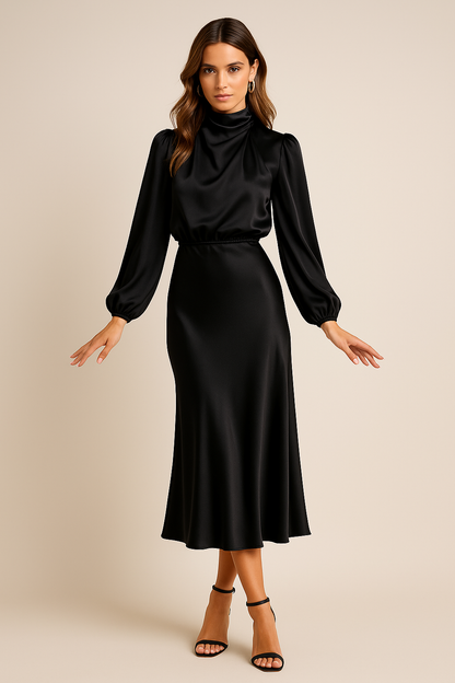 Elegant Satin Sweater Dress for Women with High Neck Long Sleeve Blouson Flowing Midi Style