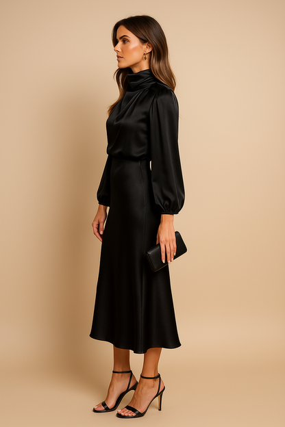 Elegant Satin Sweater Dress for Women with High Neck Long Sleeve Blouson Flowing Midi Style