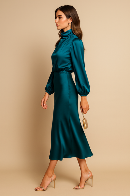 Elegant Satin Sweater Dress for Women with High Neck Long Sleeve Blouson Flowing Midi Style